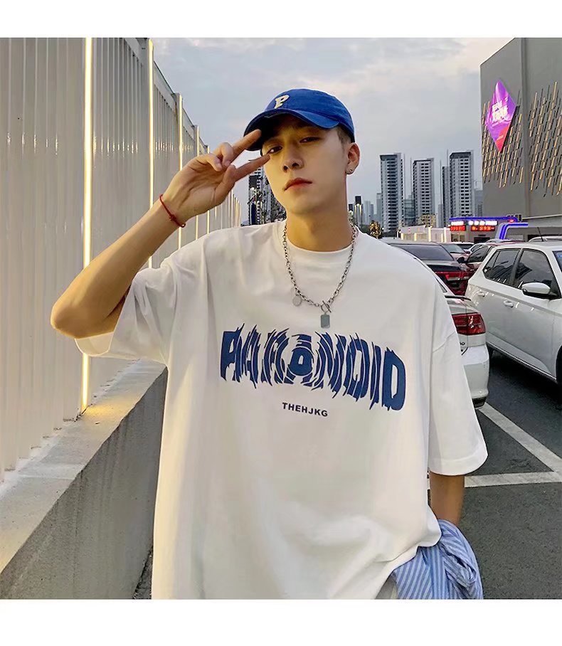 Pure cotton short-sleeved T-shirt for men, loose Hong Kong trend brand round-neck top, new letter-printed half-sleeved T-shirt pic 9