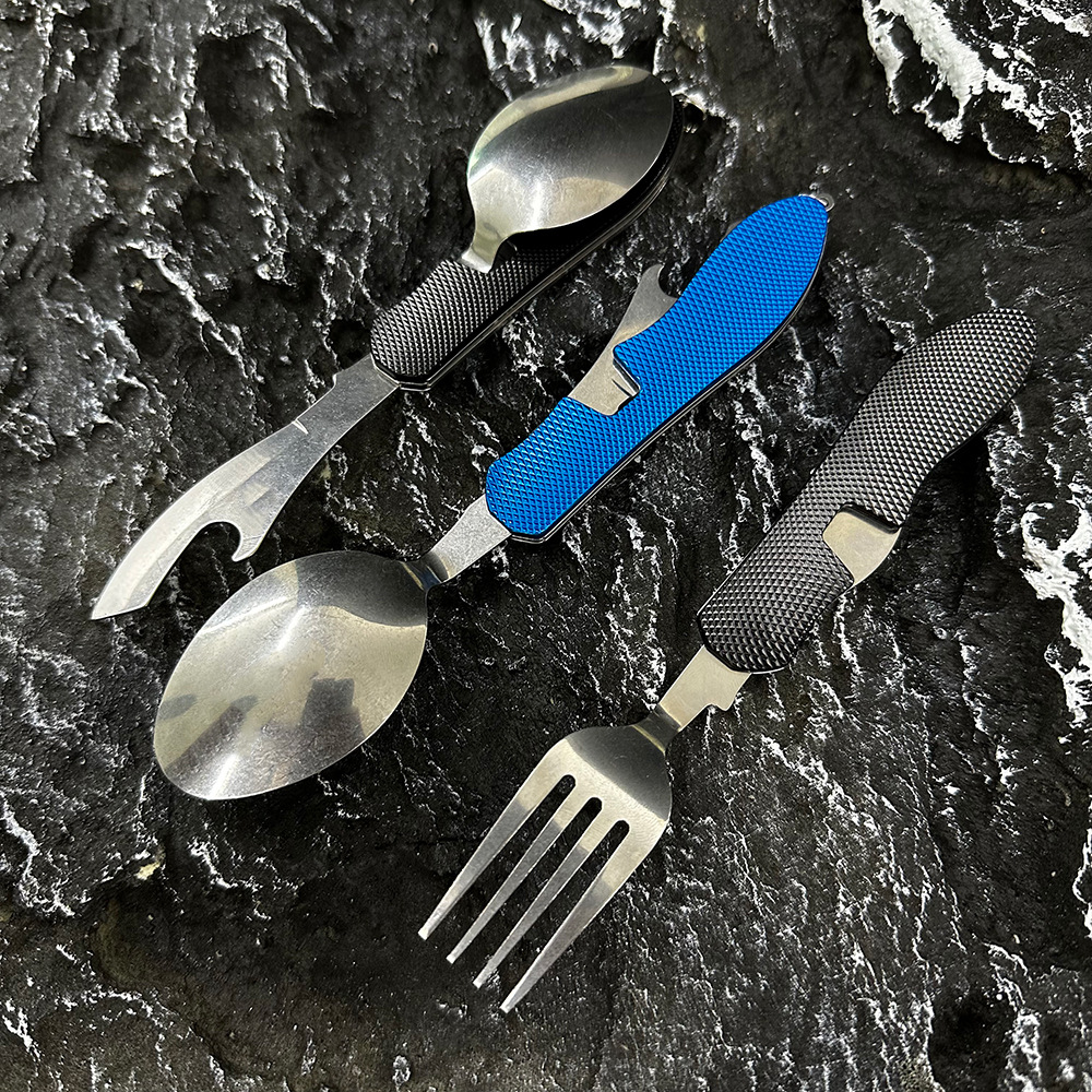 Mini folding knife, fork and spoon set, detachable combination, outdoor mountaineering and travel tableware, multi-opening aluminum handle Swiss knives pic 2