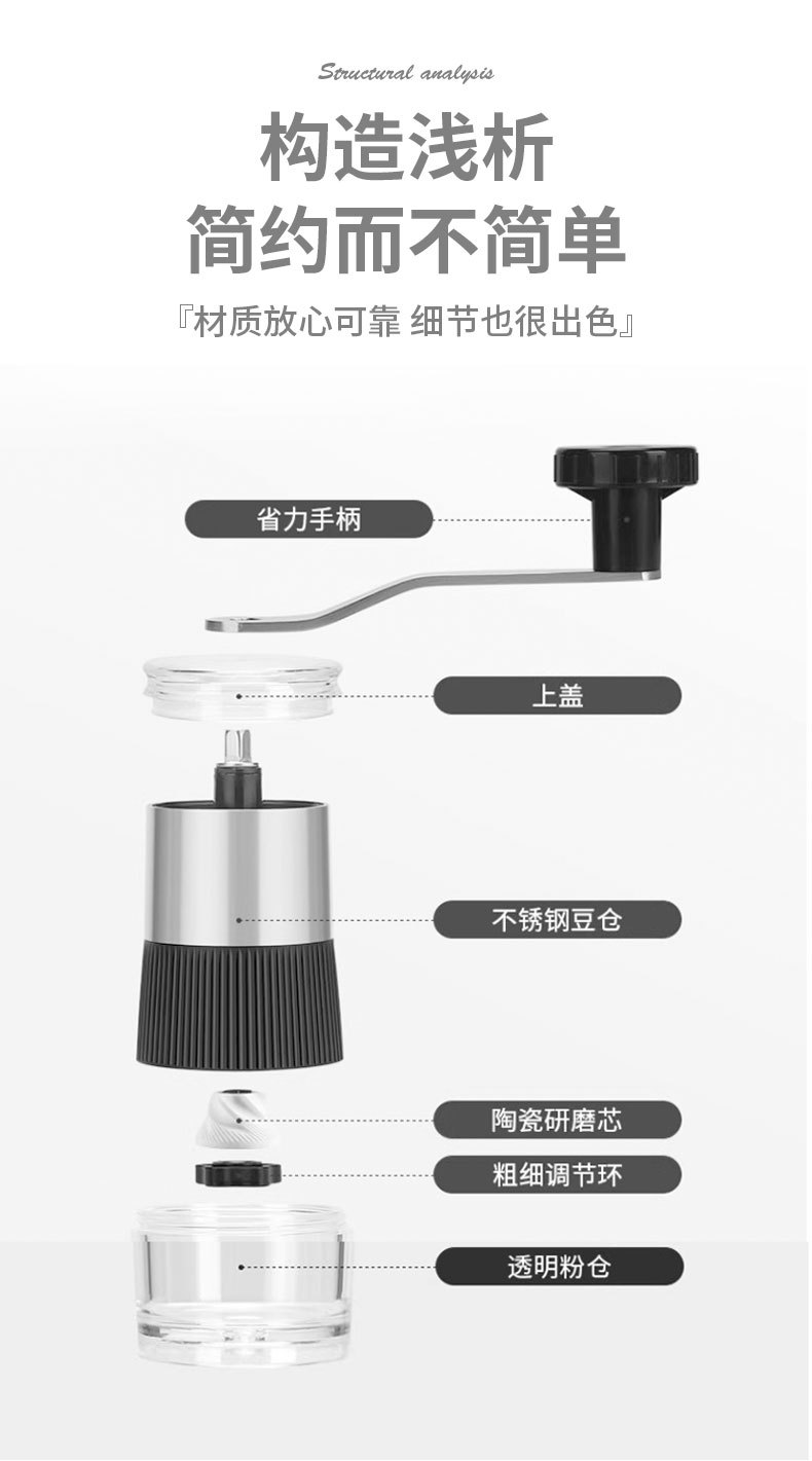 跨境热采304不锈钢手摇咖啡机办公粗细可调手动磨豆器便携研磨器详情10