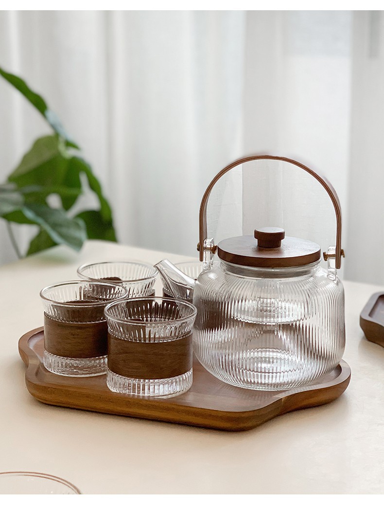 Wholesale high-temperature resistant flower and plant teapot sets, fruit boiling teapots, household steaming and boiling integrated wooden handle, glass vertical grain brewing pic 19