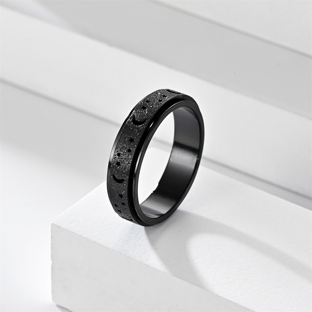 欧美跨境不锈钢戒指时尚简约镂空磨砂星星月亮戒指可转动减压指环详情5