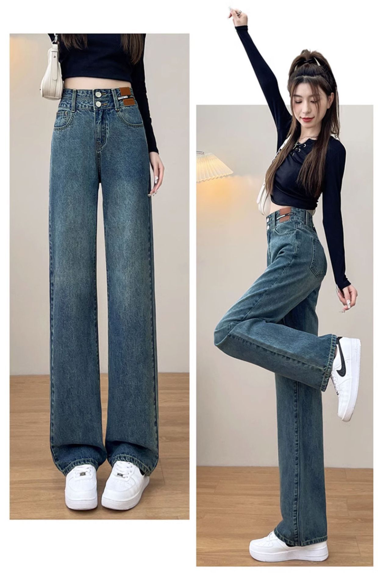 牛仔裤女复古韩版直筒宽松高腰2025春秋季新款潮小个子窄版阔腿裤详情49