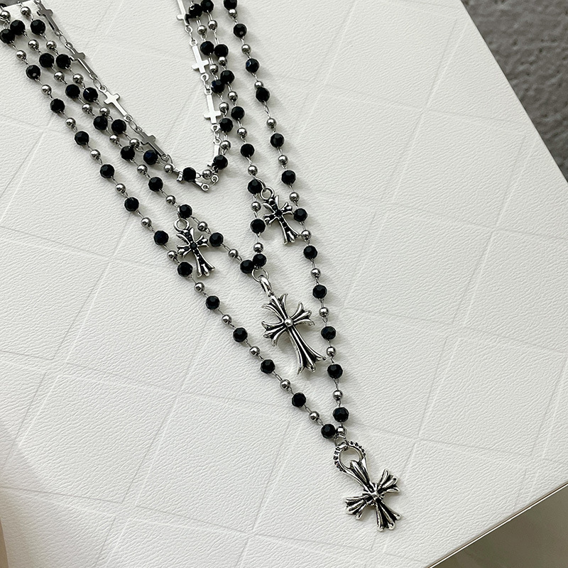 Retro cross-flower pendant black bead necklace, multi-layer layered punk, ins style, high-end collarbone chain, hot girl necklace pic 15