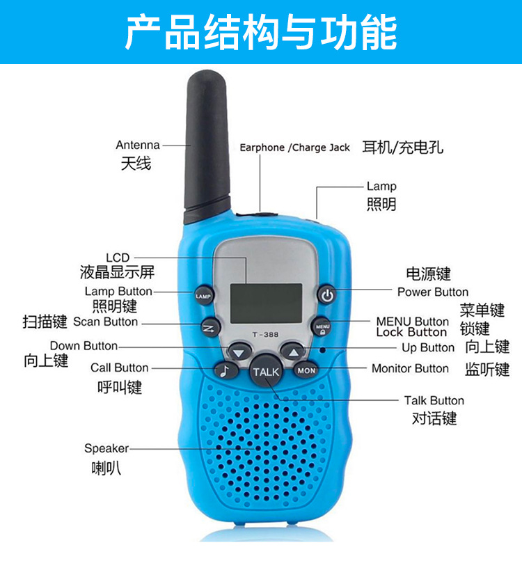 跨境儿童对讲机T388对讲机玩具通信3KM公里户外传呼机可定制logo详情2