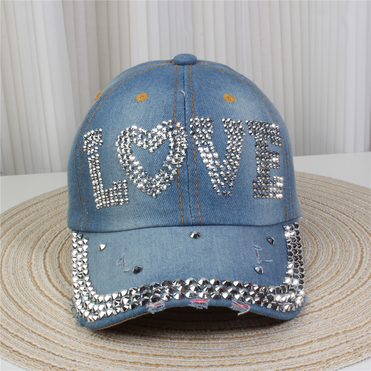 2024新款女士水钻镶钻牛仔布时尚洋气鸭舌帽休闲显脸小成人棒球帽详情3