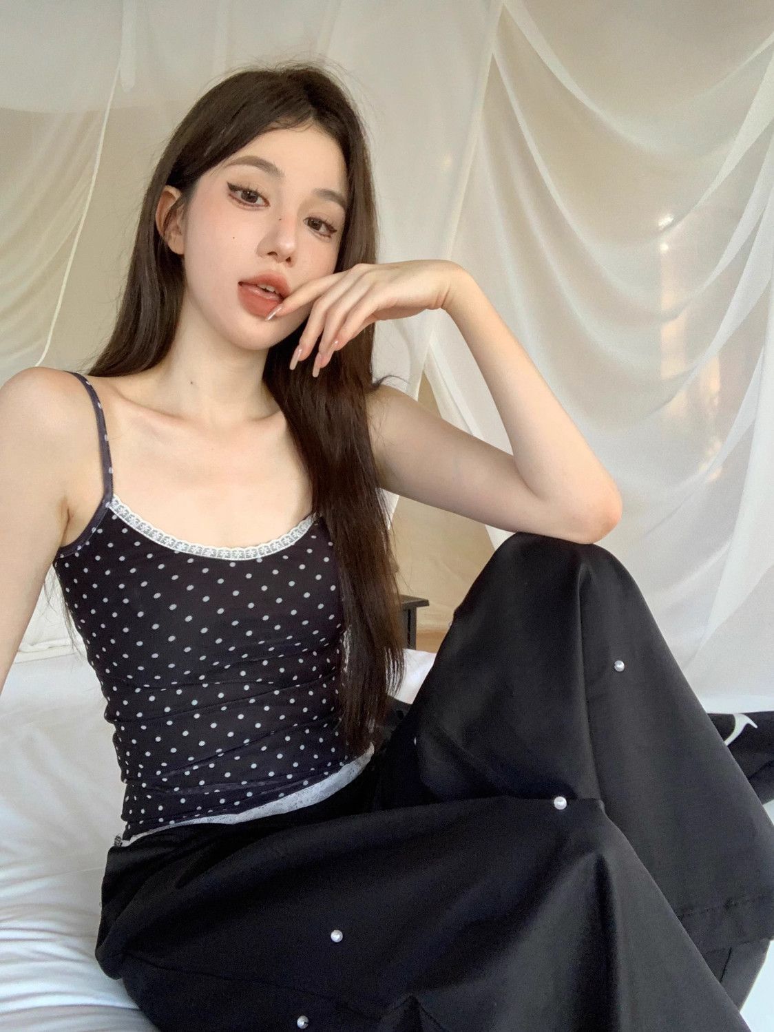 简漫妮辣妹内搭纯欲外穿少女吊带显瘦修身蕾丝拼接波点学生背心夏详情8