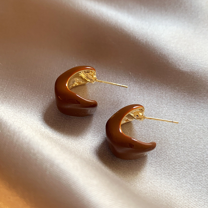 银针咖色滴油波浪弯曲耳钉复古轻奢耳环简约气质高级感耳饰批发女详情8
