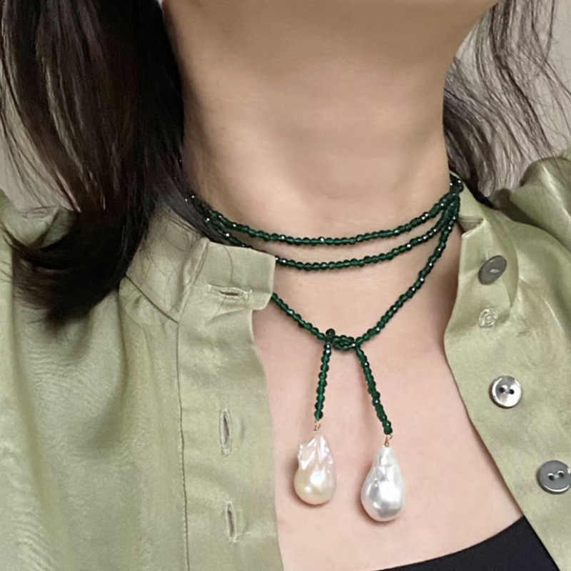 时尚超长珍珠绿尖晶串珠项链女长款毛衣链小众设计感气质颈链配饰详情6