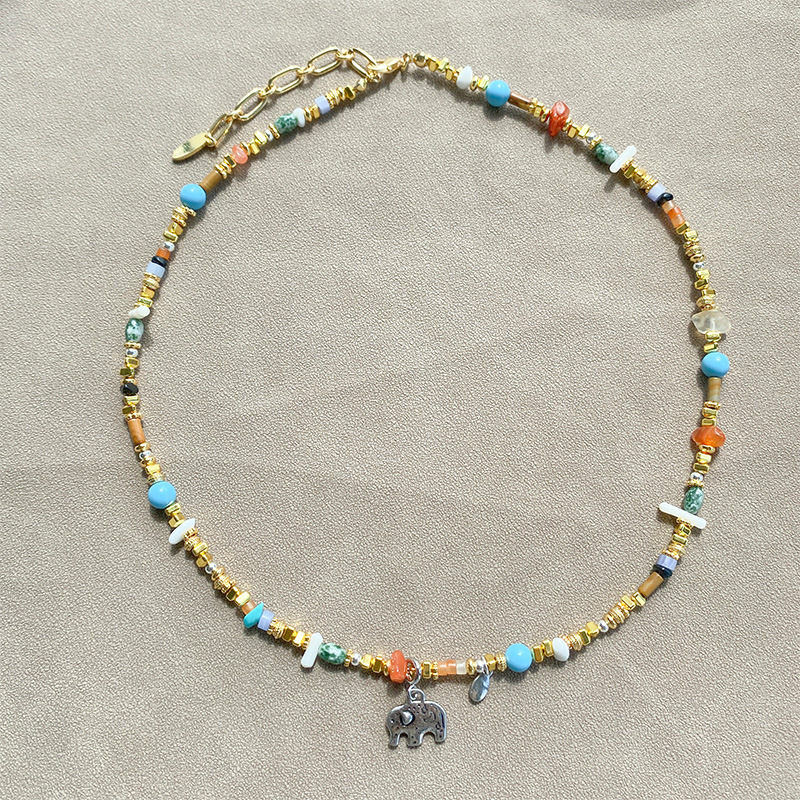 天然石混石小象项链女小众时尚高级感彩色串珠银色大象吊坠锁骨链详情13