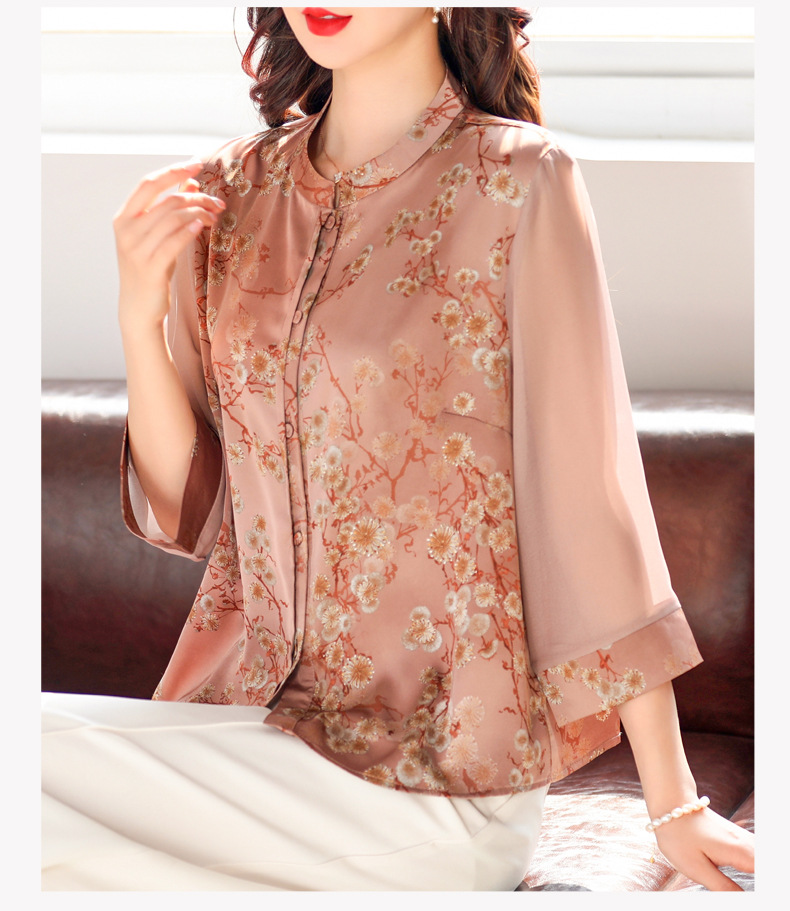 50岁妈妈夏装长袖真丝衬衫老人洋气上衣服中老年女春装桑蚕丝衬衣详情16