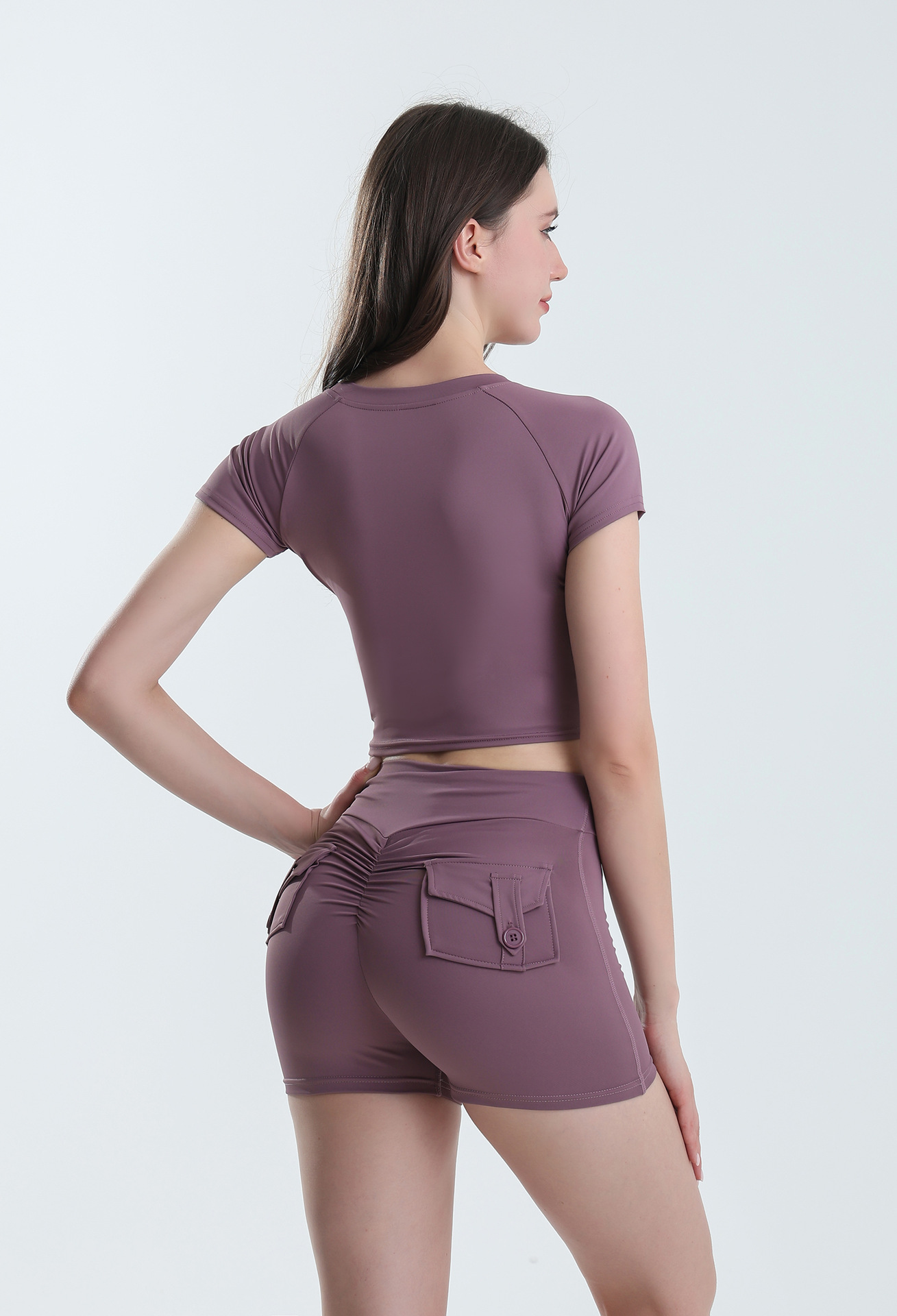 Cross-border European and American sports yoga wear set, Pilates yoga top, high-waisted tight hip-lifting pocket yoga shorts pic 3