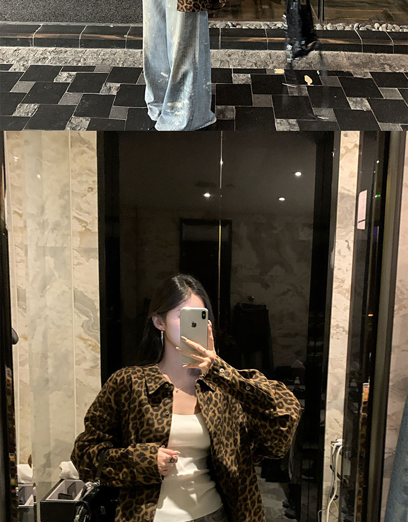 美式复古豹纹Polo领衬衣外套女早秋慵懒风宽松气质中长款风衣上衣详情10