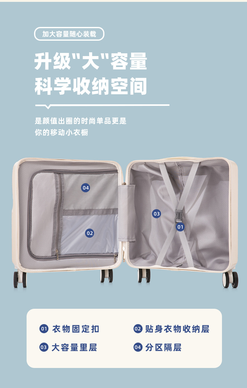 A 18-inch carry-on suitcase with a front opening for women, a lightweight and multi-functional side-opening suitcase for men pic 15