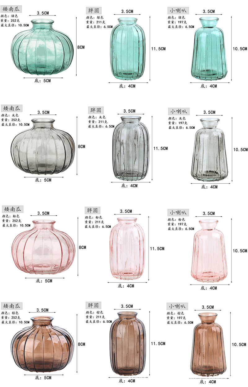 Wholesale of Amazon transparent glass vases, colorful small-mouthed, small-sized vertical patterned hydroponic fresh flower tabletop decorative items pic 7