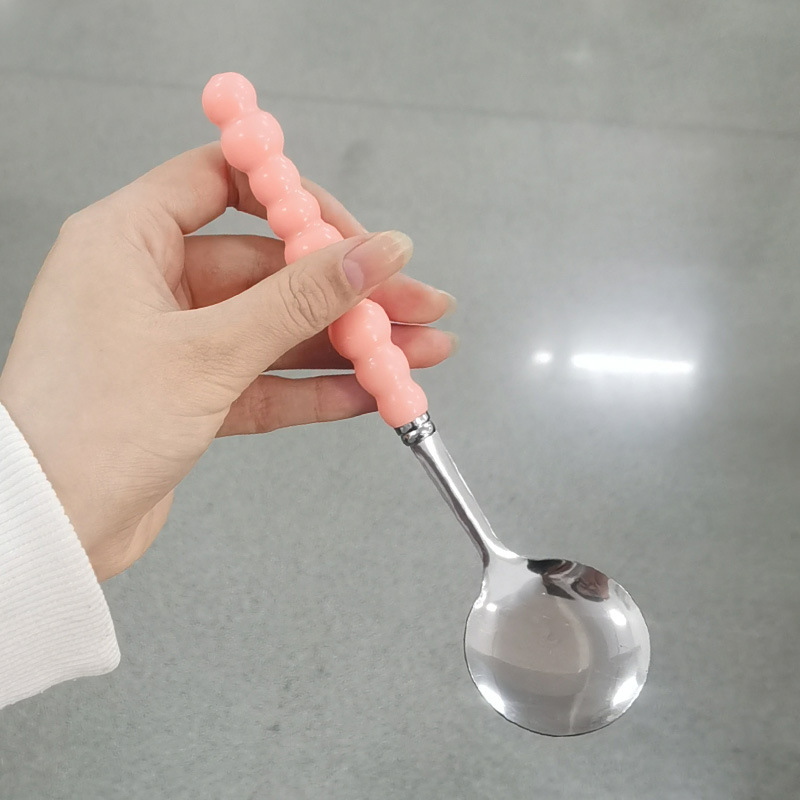 网红珍珠不锈钢勺子塑料手柄餐勺少女心家用吃饭勺小汤勺长柄圆勺详情4