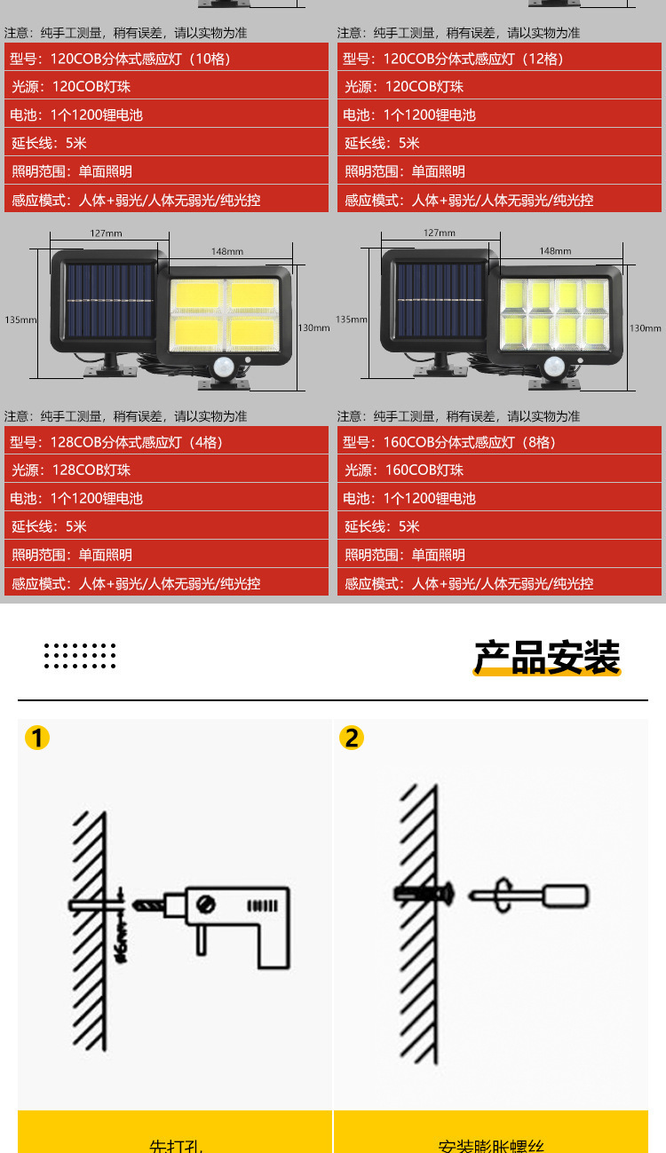 Cross-border new solar sensor light, outdoor waterproof garden light, split lighting, wall lamp, solar floodlight pic 9