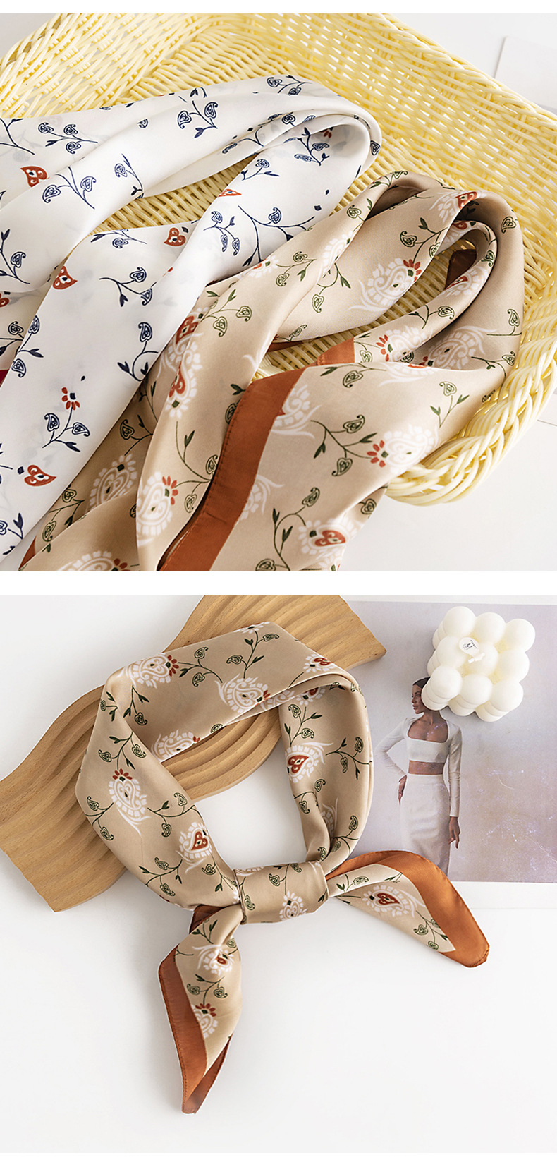 A pastoral floral small square scarf, a fresh and elegant spring professional dress, a natural and sweet printed silk-like scarf pic 9
