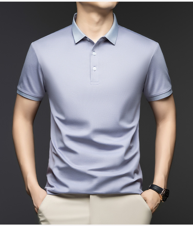 Solid color Polo shirt made of mulberry silk for men, summer 2025, casual lapel, breathable and simple short-sleeved T-shirt for men pic 11