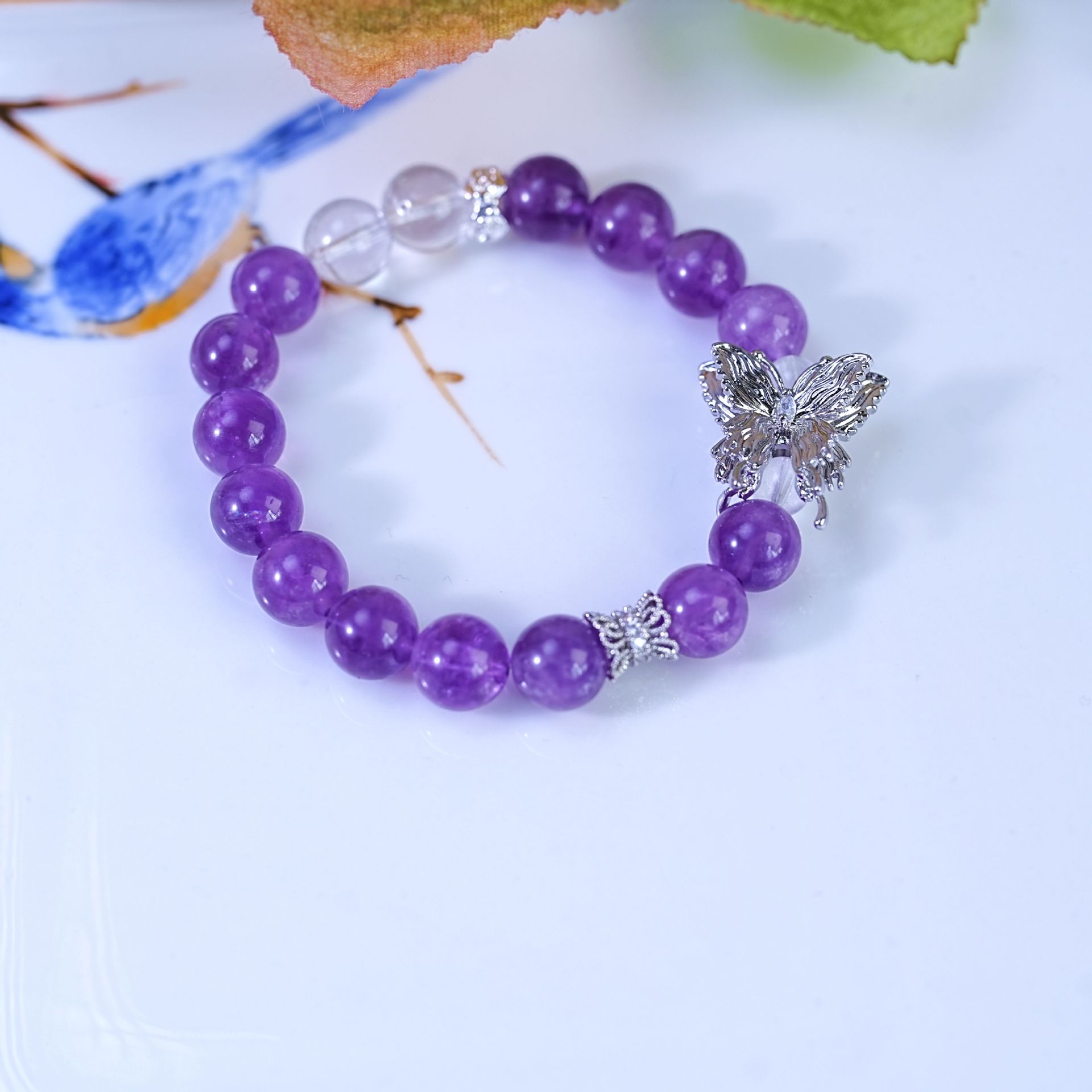 天然紫水晶蝴蝶手链串珠轻奢高级感时尚设计白水晶手串女饰品配饰详情5