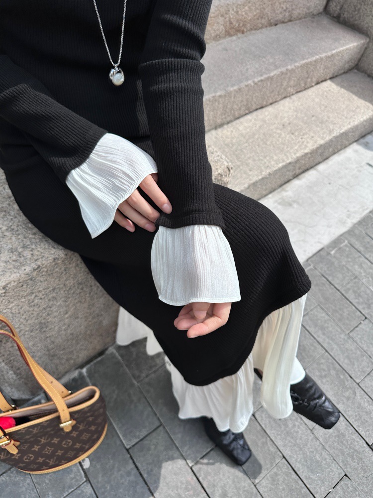 DIGM秋冬复古小香风不规则荷叶边收腰磨毛弹力针织连衣裙女10882详情28
