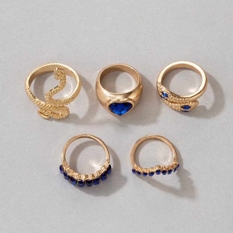 欧美流行饰品戒指手饰 蛇形爱心仿绿宝石镶钻ins风五件套戒指女详情12