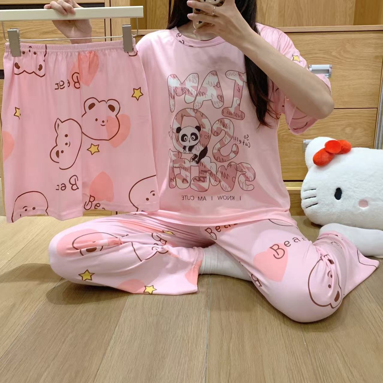 pajamas外贸工厂批发卡通夏季睡衣女短袖大码长裤三件套家居套装详情30