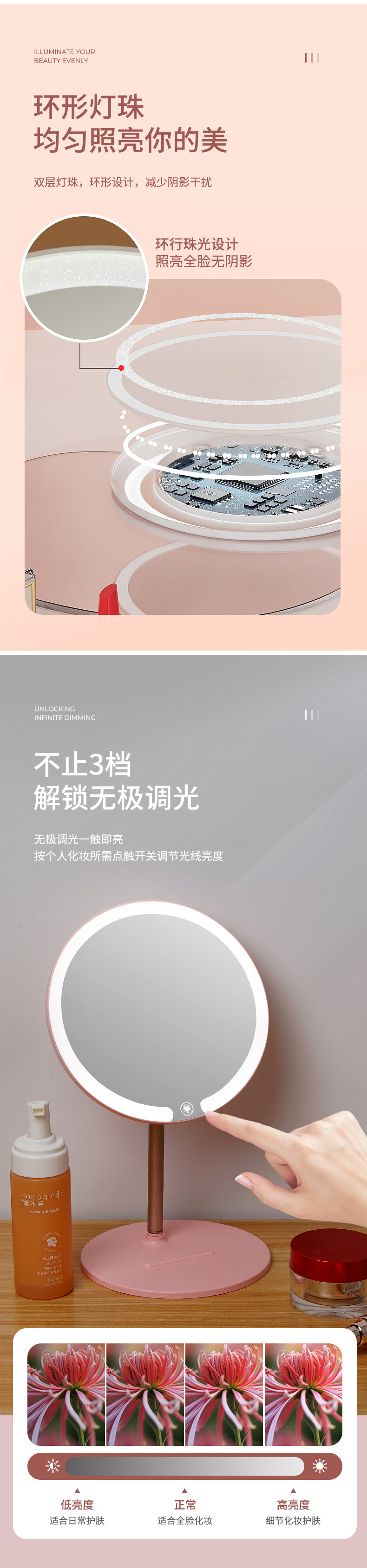 可调节台式旅行led化妆镜带灯收纳盒二合一体式折叠贝壳镜子详情8
