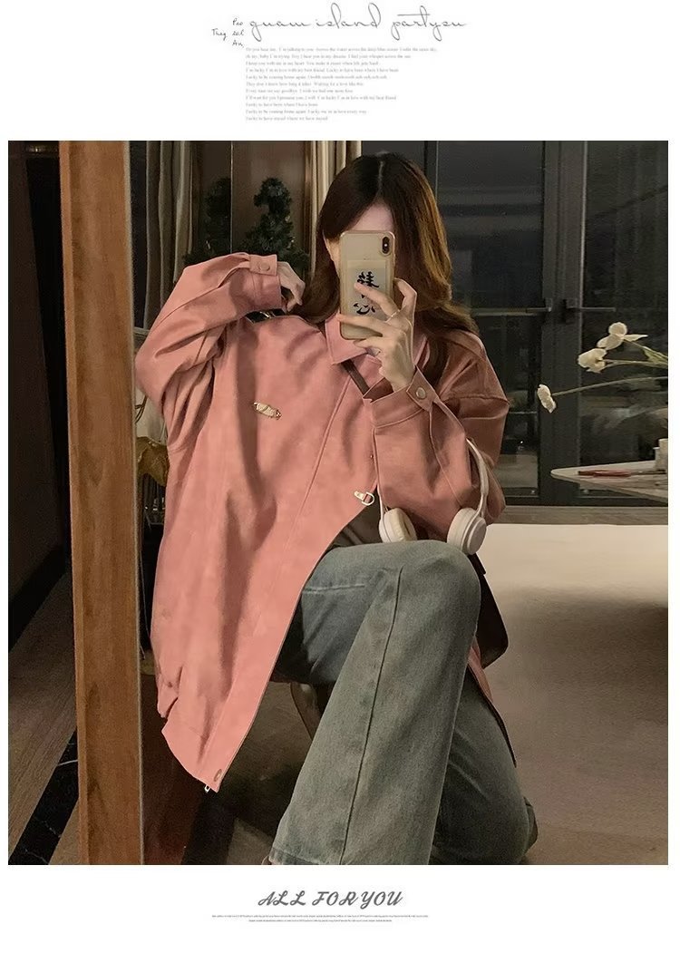 美式复古翻领外套女chic春秋潮流休闲宽松设计感PU皮学生夹克上衣详情14