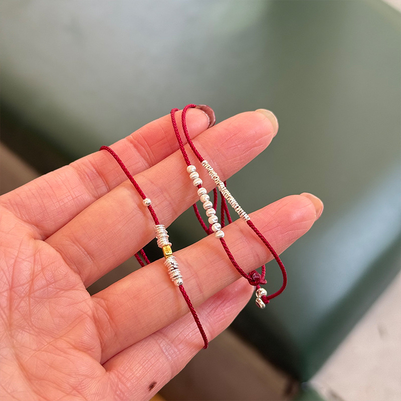 红绳套装s925纯银手工编织碎银子红绳手链女抽拉式可调节手串详情9