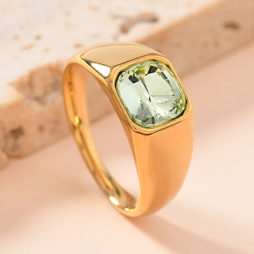 欧美跨境不锈钢铸造饰品男女通用 镶方形彩钻戒指镀18k金锆石戒指详情12