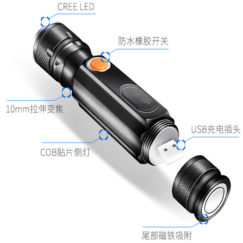 T6 multi-functional magnetic car repair work light, powerful flashlight, outdoor lighting, charging, zoom, LED small flashlight pic 4