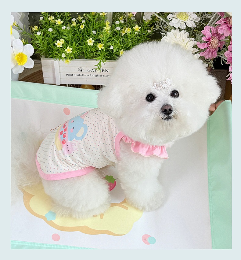 Spring and summer clothes for cats and dogs: Thin, cute, cartoon printed, stylish macaron-colored halter, Bichon and Pomeranian small, short style pic 15