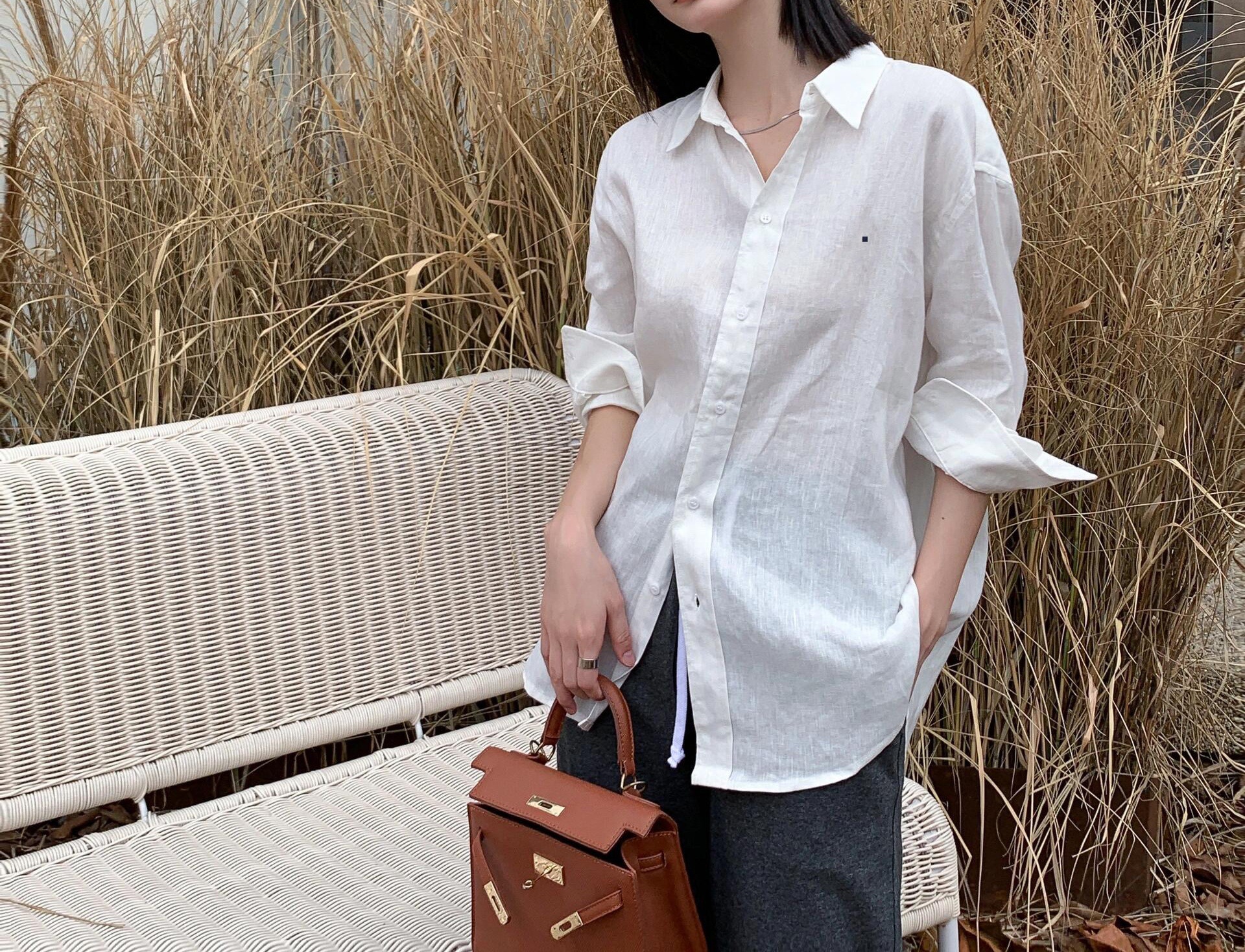 亚麻衬衫薄款小马标刺绣美式复古经典衬衣长袖POLO领防晒女上衣详情2