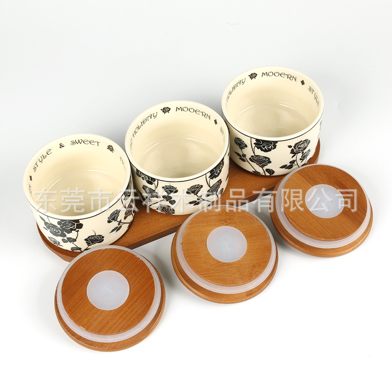 圆形通用密封防尘木盖厨房用品调料罐套装山茶花陶瓷套装杯详情13