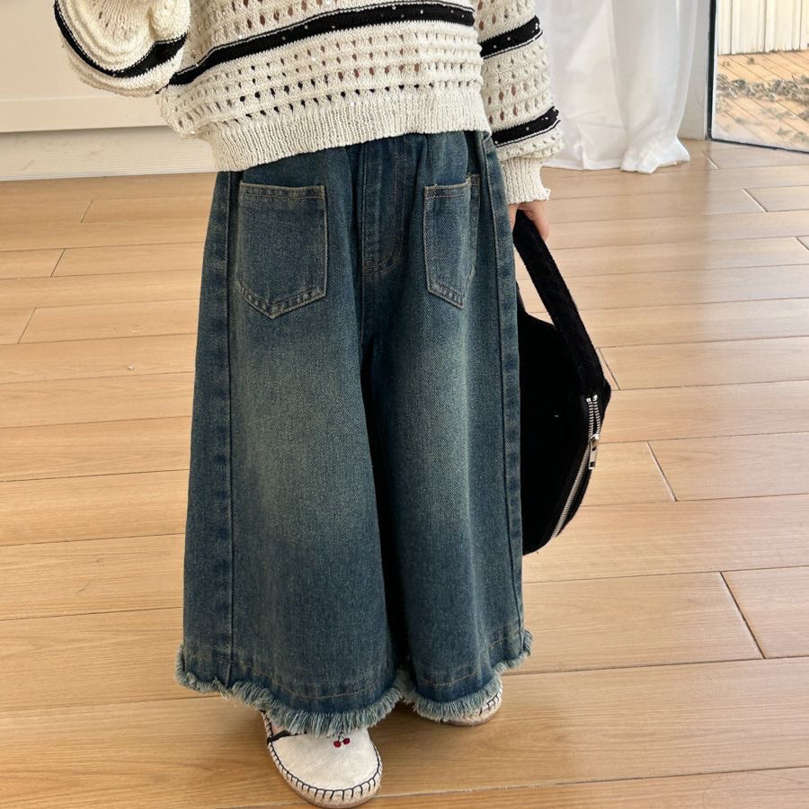 女童牛仔裤春秋款洋气新款女孩外穿宝宝直筒长裤中小童毛边阔腿裤详情1