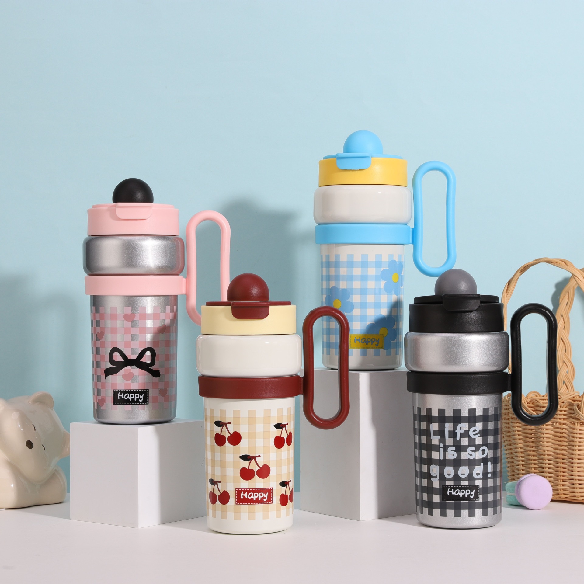316 stainless steel insulated cup, portable shoulder strap, handle cup, high appearance level, cartoon large capacity, with straw, double drinking cup pic 1