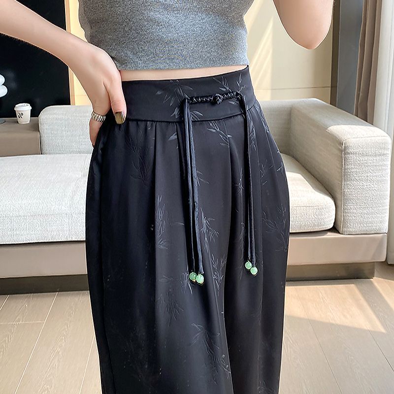 New Chinese-style satin jacquard wide-leg pants for women, Spring/Summer 2025 new button-up high-waisted, slimming straight-leg casual trousers pic 18