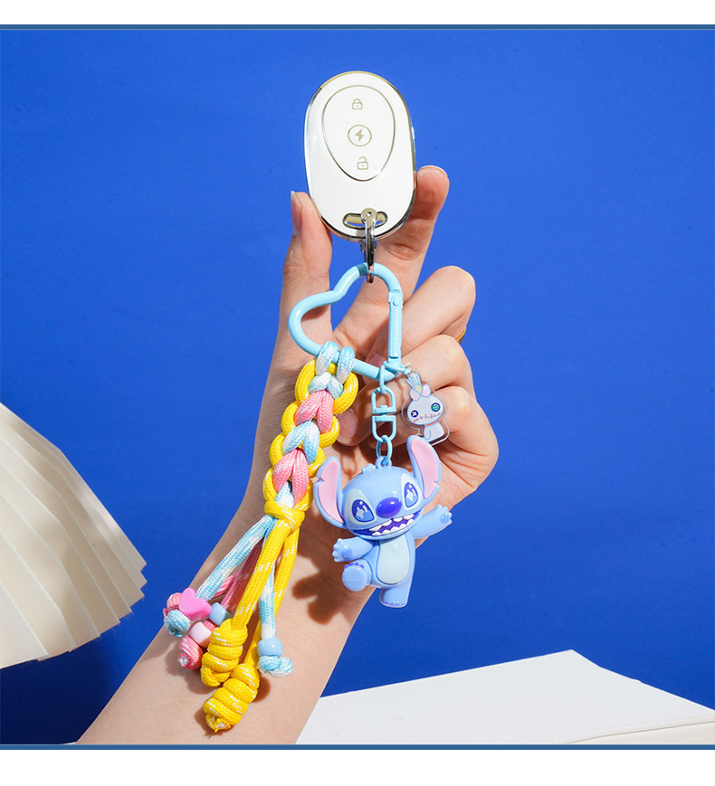 百茂正版史迪奇编织皮绳钥匙扣挂件卡通精致公仔可爱情侣包包挂饰详情12
