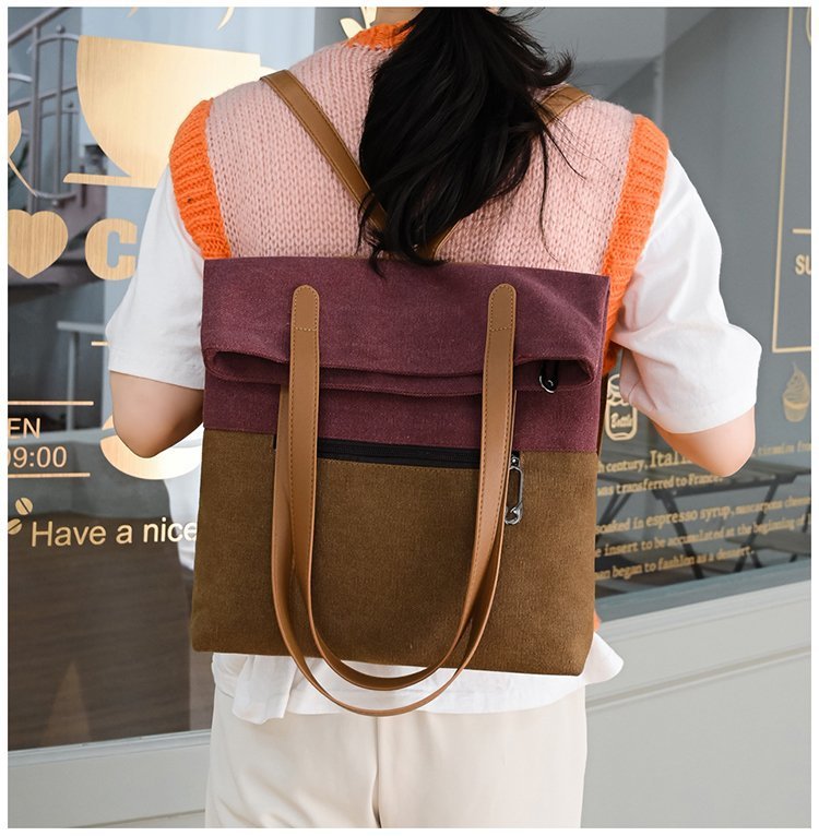 新款撞色复古帆布包简约女休闲包大容量单肩斜跨包时尚潮流手提包详情17