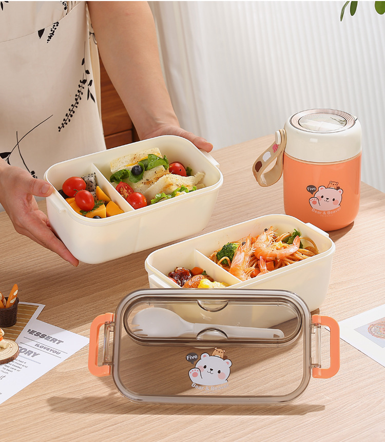 INS influencers bear split compartible caja de almuerzo de plástico microondas calentable lunch box para niños y adultos office bento box pic 33