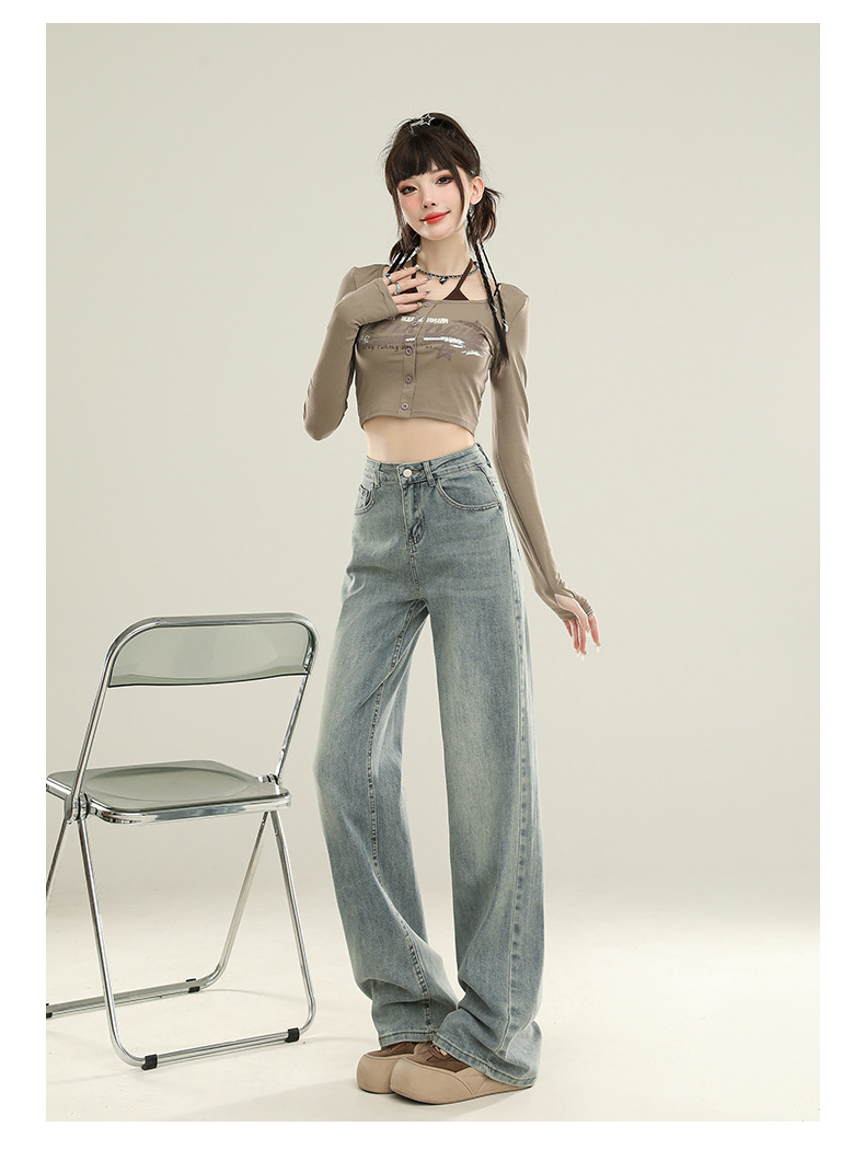 怀旧蓝直筒裤牛仔裤女秋季2025新款高腰显瘦垂感宽松窄版阔腿裤子详情16