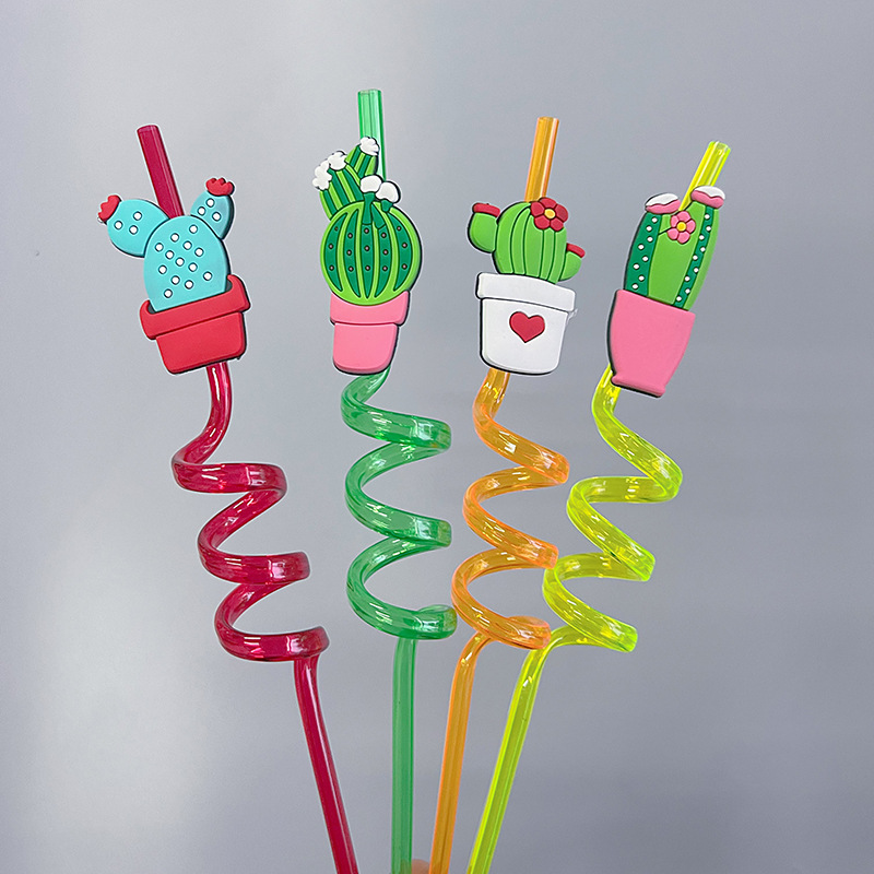 In-stock creative straws, PET spiral-shaped beverage straws, cactus decorative colored artistic plastic straws pic 1