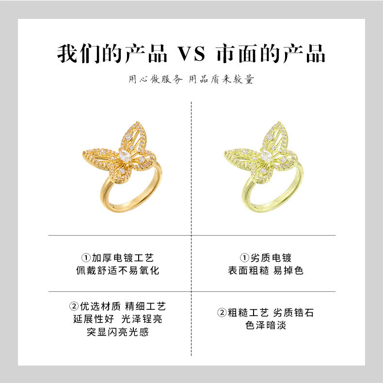 Fashionable, light luxury, dynamic butterfly opening ring, copper alloy, real gold electroplated, slightly inlaid zircon, exquisite adjustable ring pic 18