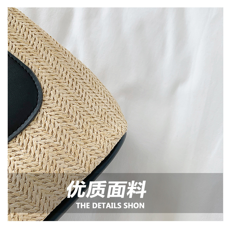 2023夏季复古撞色拼接草编包大容量手工编织包简约时尚单肩手提包详情4