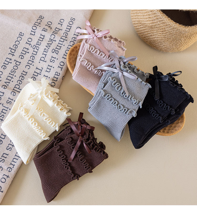 儿童袜子春秋款木耳边堆堆袜可爱蝴蝶结女童洛丽塔花边公主中筒袜详情6