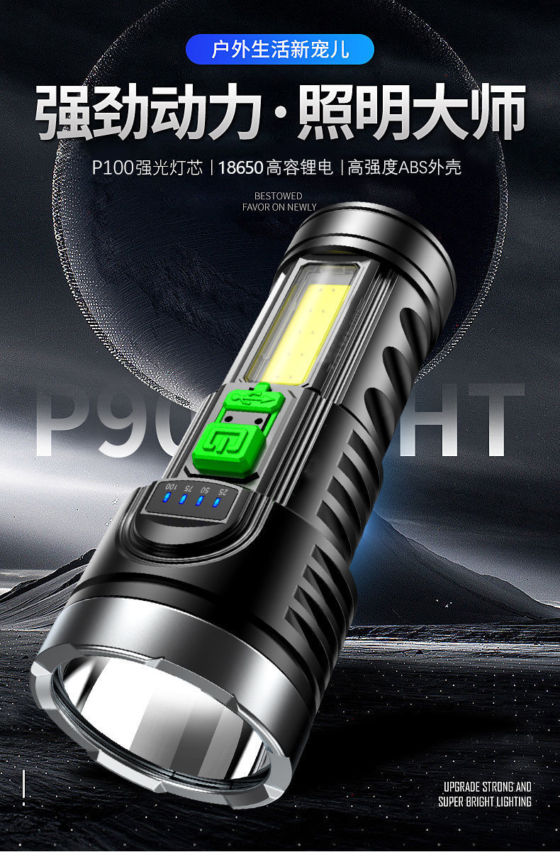 LED high-intensity flashlight, high-brightness long-range electric display COB side light, emergency light, portable searchlight, outdoor camping light pic 1