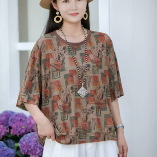 2025 Summer New Style artistic printed cotton and linen shirt, retro loose large size round-neck pullover, elegant T-shirt for women pic 5