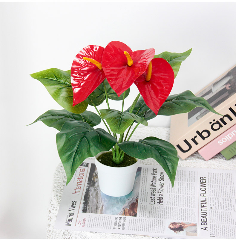 Finished handcrafted red artificial flower anthurium decoration, wedding spring plants, kalanchoe potted artificial green plants, office culture pic 7