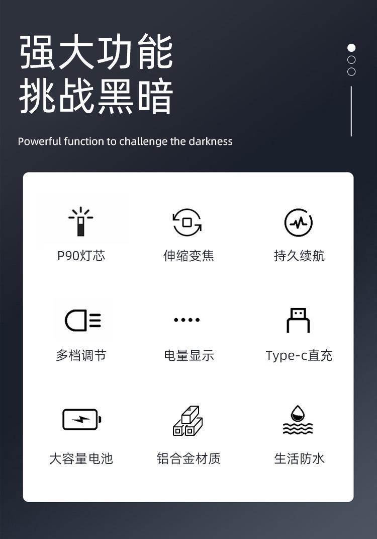 2023新款LED户外露营强光大容量铝合金P90多功能探照手电筒详情2