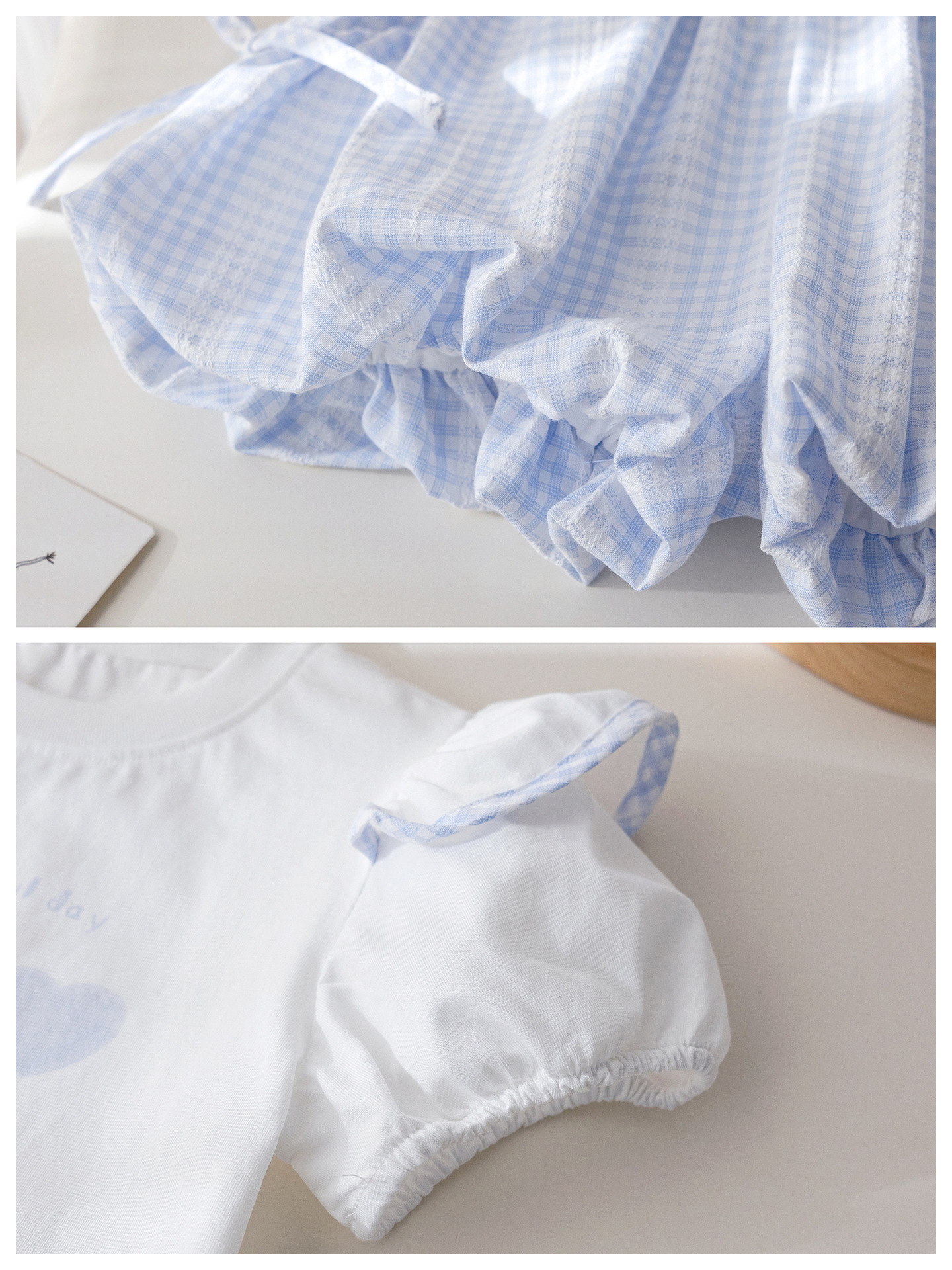 The summer new cartoon print T-shirt for girls is fashionable, and the two-piece set of checked bow flower bud pants is trendy pic 3